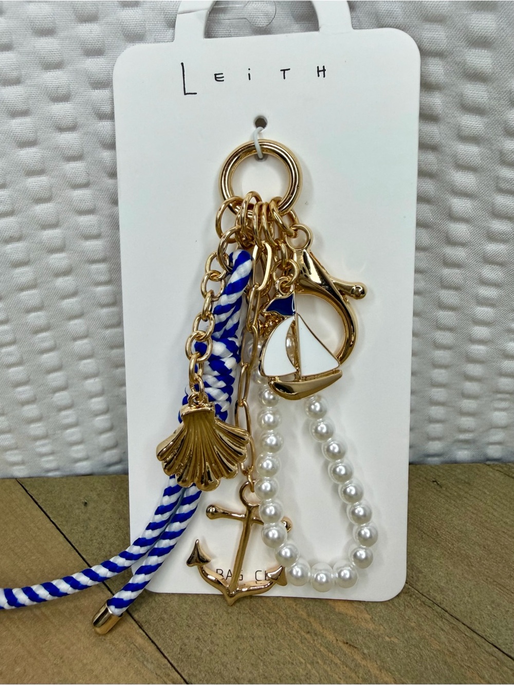 Leith Gold-Tone Nautical Bag Charm/Keychain with Blue Cord and Pearl Beads